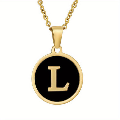 1pc 18K Gold-Plated Round Initial Pendant Necklace, Titanium Steel, Oil Drop Design, 26 Letters Charm Jewelry, Simple Hip Hop Style For Women