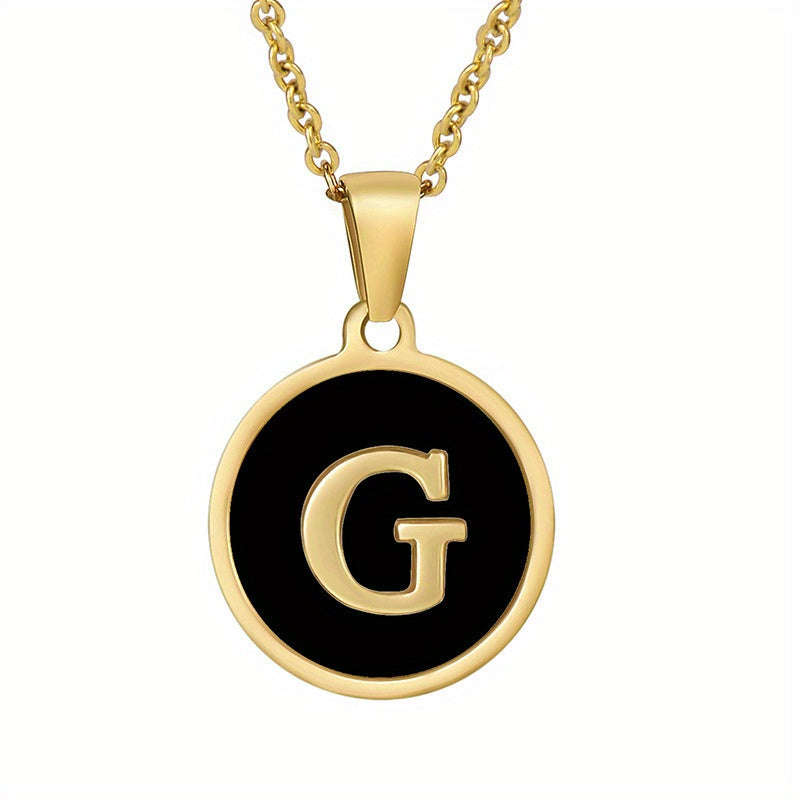 1pc 18K Gold-Plated Round Initial Pendant Necklace, Titanium Steel, Oil Drop Design, 26 Letters Charm Jewelry, Simple Hip Hop Style For Women