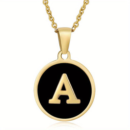 1pc 18K Gold-Plated Round Initial Pendant Necklace, Titanium Steel, Oil Drop Design, 26 Letters Charm Jewelry, Simple Hip Hop Style For Women