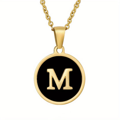 1pc 18K Gold-Plated Round Initial Pendant Necklace, Titanium Steel, Oil Drop Design, 26 Letters Charm Jewelry, Simple Hip Hop Style For Women