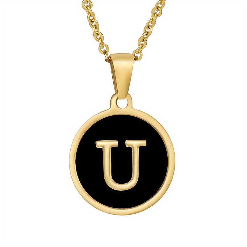 1pc 18K Gold-Plated Round Initial Pendant Necklace, Titanium Steel, Oil Drop Design, 26 Letters Charm Jewelry, Simple Hip Hop Style For Women