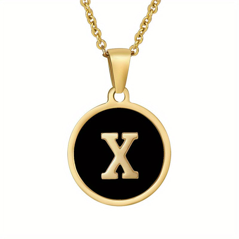 1pc 18K Gold-Plated Round Initial Pendant Necklace, Titanium Steel, Oil Drop Design, 26 Letters Charm Jewelry, Simple Hip Hop Style For Women