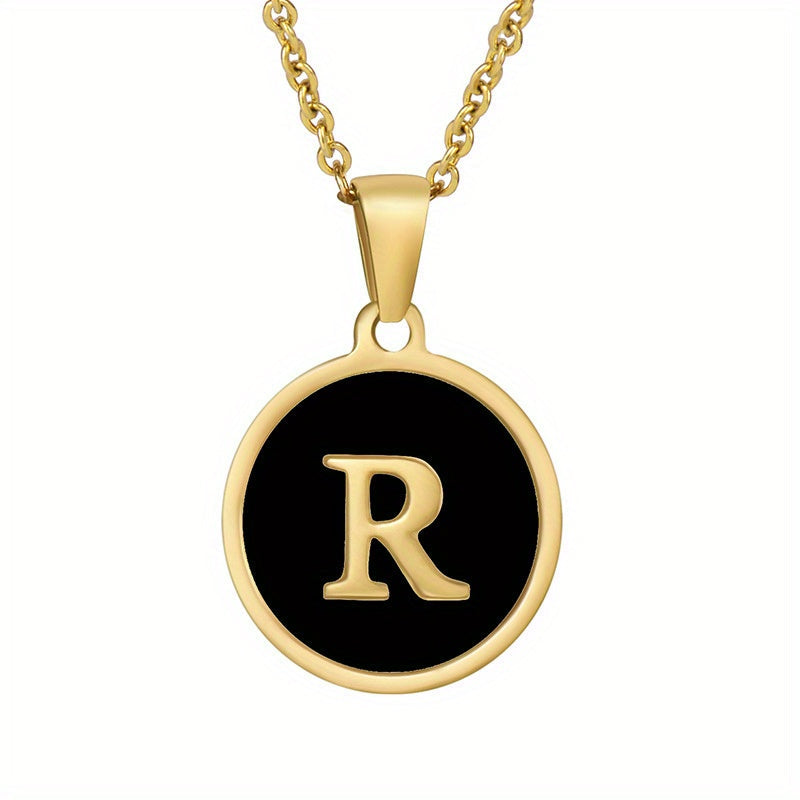 1pc 18K Gold-Plated Round Initial Pendant Necklace, Titanium Steel, Oil Drop Design, 26 Letters Charm Jewelry, Simple Hip Hop Style For Women