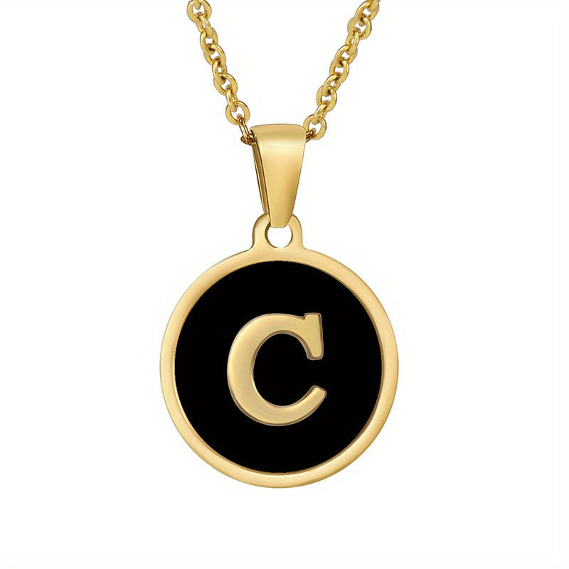 1pc 18K Gold-Plated Round Initial Pendant Necklace, Titanium Steel, Oil Drop Design, 26 Letters Charm Jewelry, Simple Hip Hop Style For Women