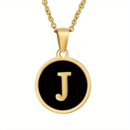 1pc 18K Gold-Plated Round Initial Pendant Necklace, Titanium Steel, Oil Drop Design, 26 Letters Charm Jewelry, Simple Hip Hop Style For Women