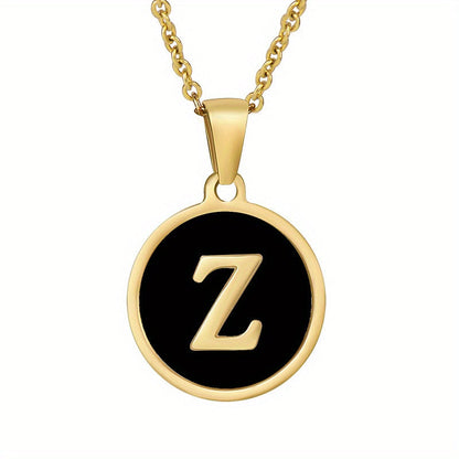 1pc 18K Gold-Plated Round Initial Pendant Necklace, Titanium Steel, Oil Drop Design, 26 Letters Charm Jewelry, Simple Hip Hop Style For Women