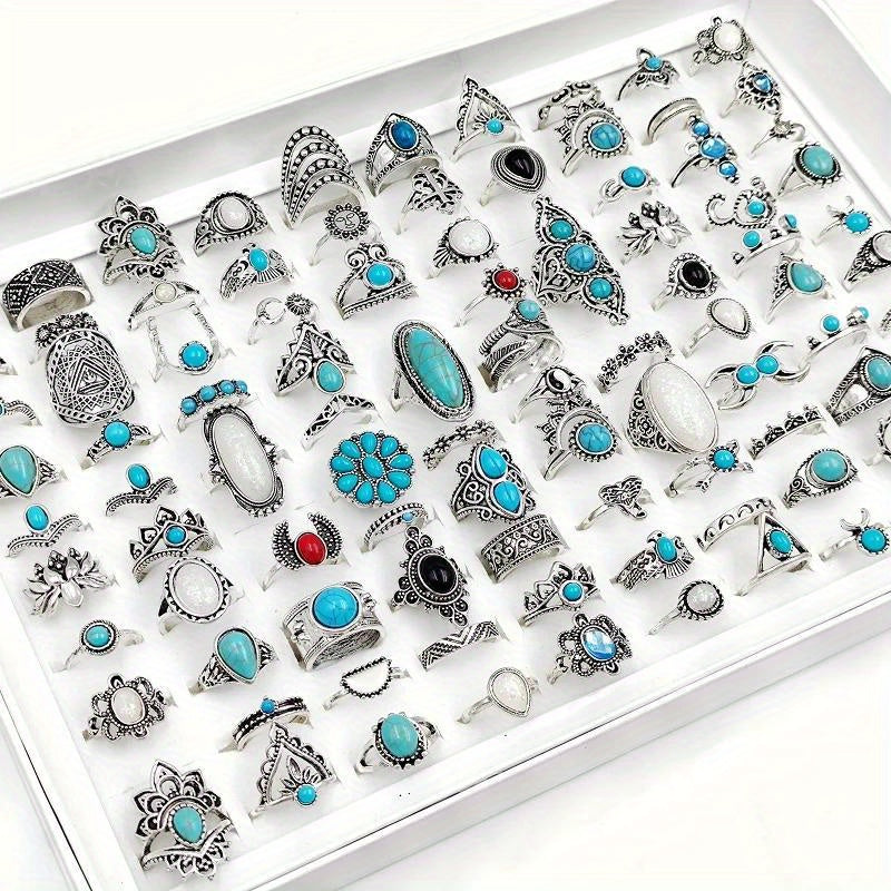 50pc Timeless Vintage Boho Blue Gemstone Ring Set - Diverse Bohemian Designs for Women - Ethnic Cocktail Finger Jewelry Collection