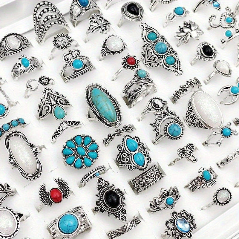 50pc Timeless Vintage Boho Blue Gemstone Ring Set - Diverse Bohemian Designs for Women - Ethnic Cocktail Finger Jewelry Collection