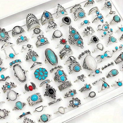 50pc Timeless Vintage Boho Blue Gemstone Ring Set - Diverse Bohemian Designs for Women - Ethnic Cocktail Finger Jewelry Collection