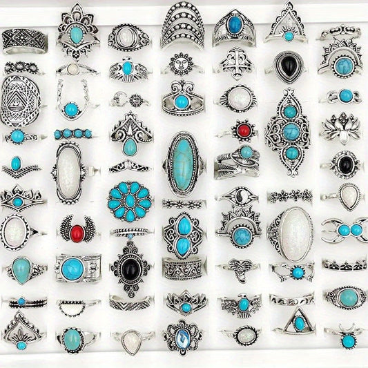 50pc Timeless Vintage Boho Blue Gemstone Ring Set - Diverse Bohemian Designs for Women - Ethnic Cocktail Finger Jewelry Collection