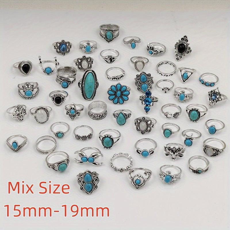 50pc Timeless Vintage Boho Blue Gemstone Ring Set - Diverse Bohemian Designs for Women - Ethnic Cocktail Finger Jewelry Collection