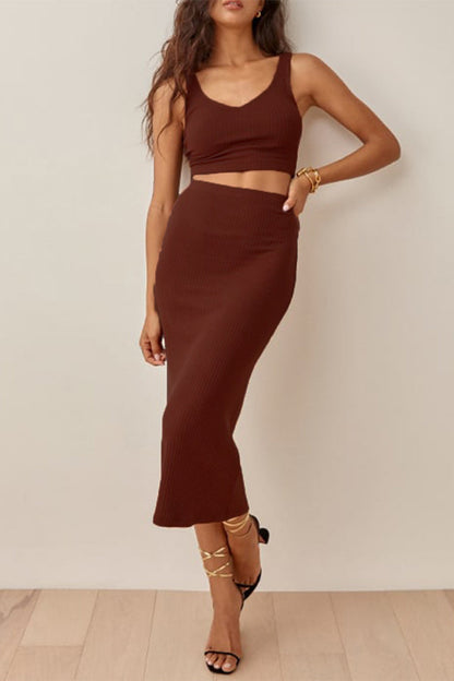 Sexy Solid Backless V Neck Sleeveless Two Pieces