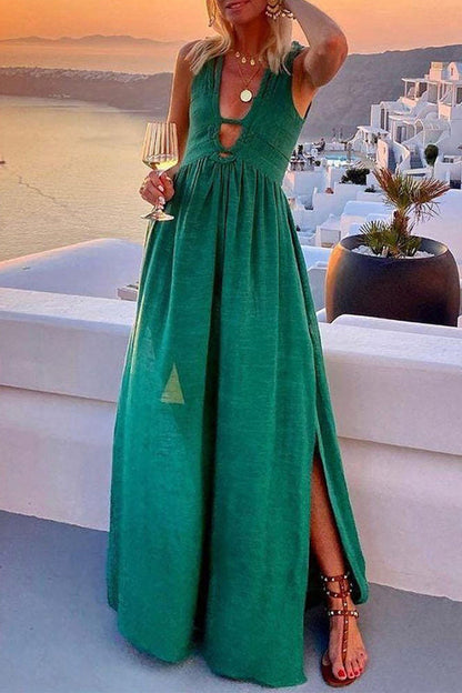 Casual Vacation Solid Slit V Neck Sleeveless Dresses