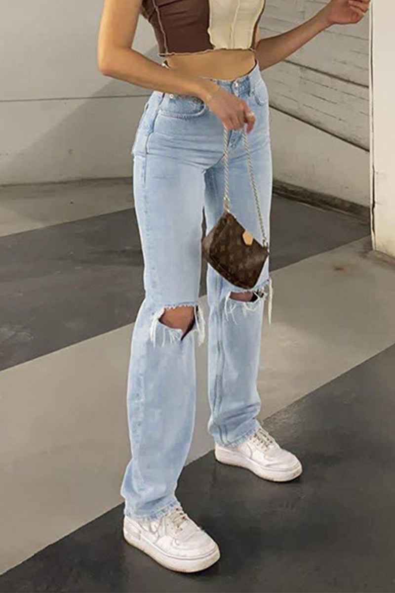 lovwvol  - Casual Solid Ripped High Waist Denim Jeans