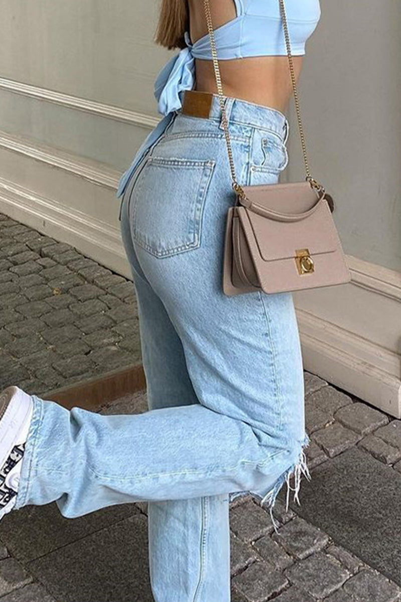 lovwvol  - Casual Solid Ripped High Waist Denim Jeans