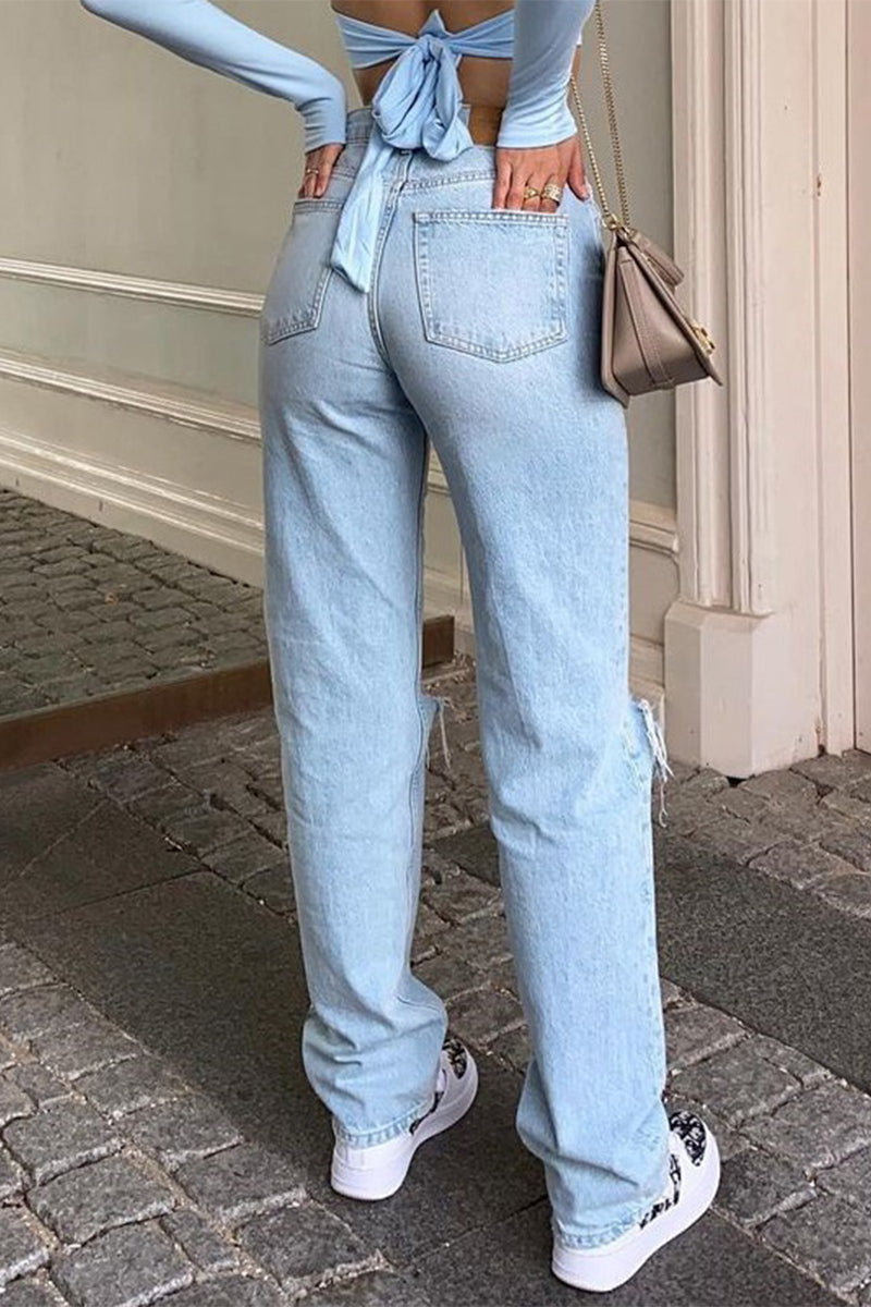 lovwvol  - Casual Solid Ripped High Waist Denim Jeans