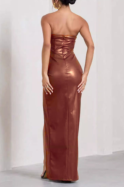 lovwvol - Sexy Solid Backless Slit Strapless One Step Skirt Dresses