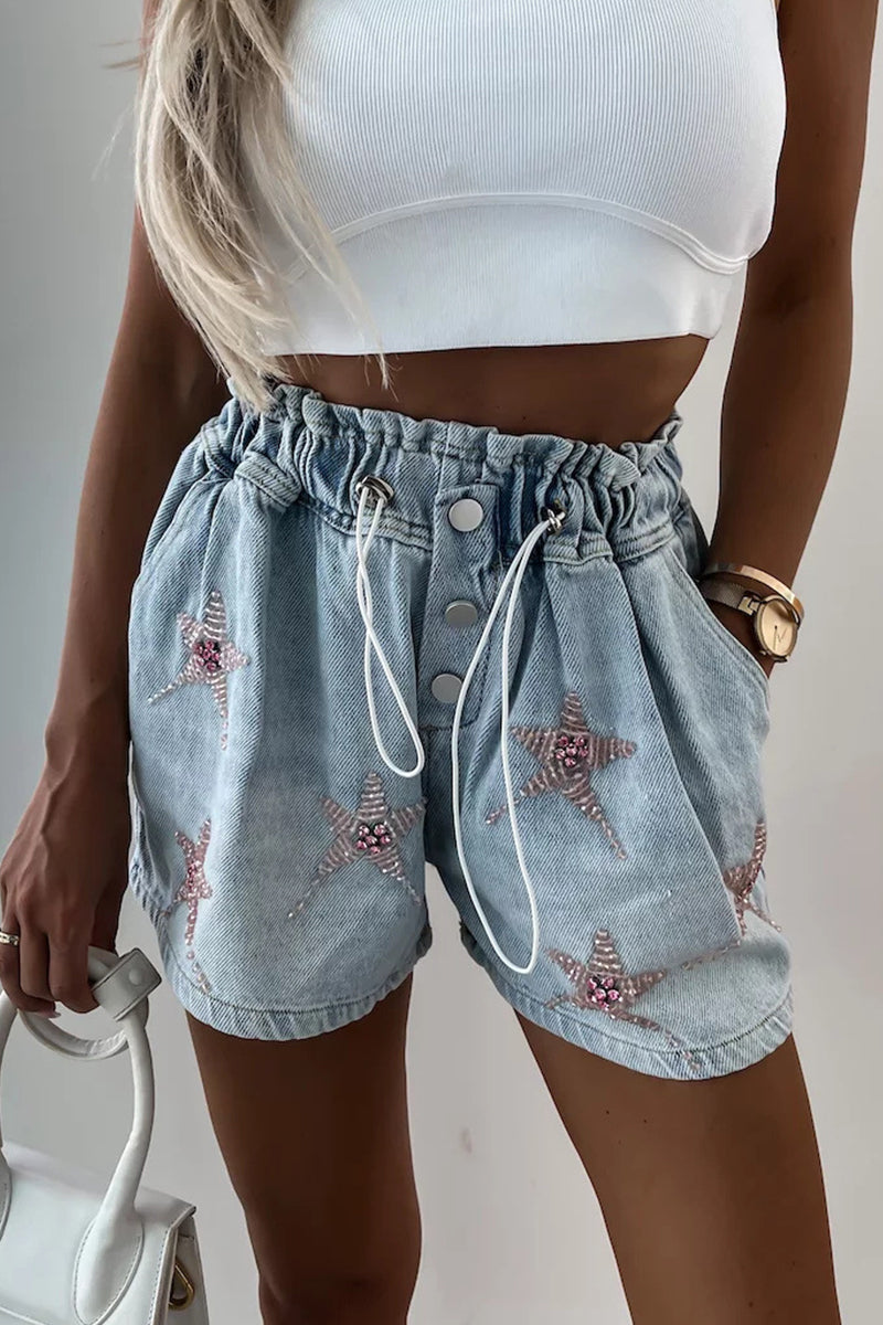 lovwvol  - Casual Street The stars Draw String Hot Drill High Waist Loose Denim Shorts