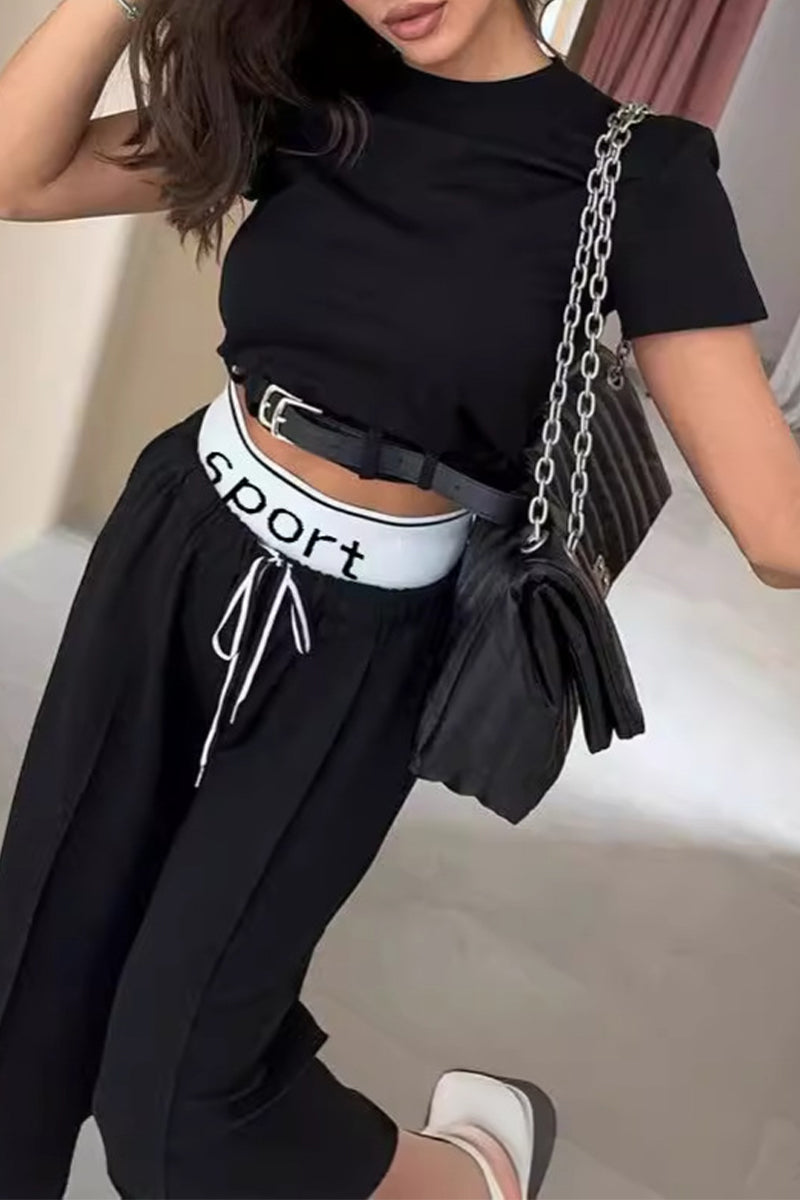 lovwvol - Casual British Style Solid Draw String With Belt O Neck Short Sleeve Two Pieces