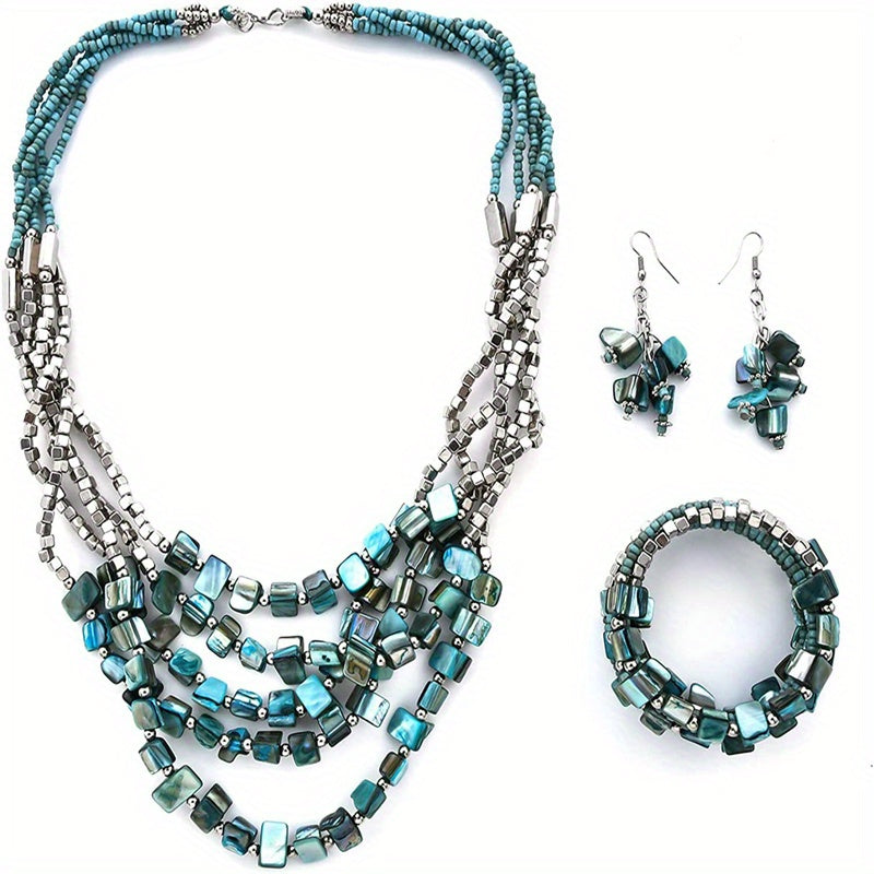 3pcs/set Exquisite Vintage Chic Jewelry Set for Women - Lacquer Plated Beaded Necklace, Earrings, and Multilayer Bracelet with Ethnic Style, Casual Wear, and Antique Finish