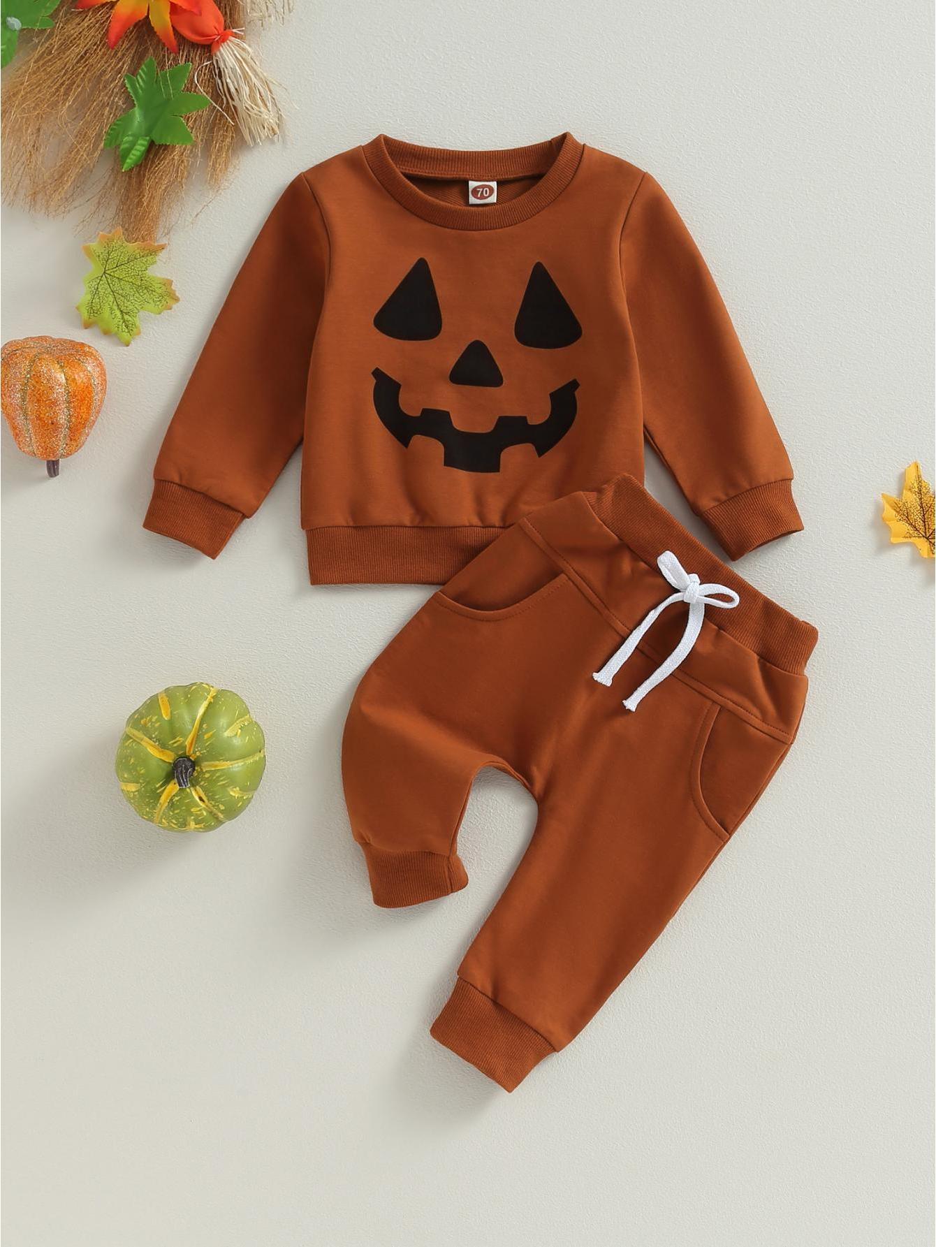 2-Piece Toddler Boys' Fall Outfit Set - Soft Pumpkin Face Print Crew Neck Long Sleeve Sweatshirts and Matching Long Pants - Halloween Themed Clothes for Boys - Comfortable and Adorable Autumn Wear for Daily Life and Special Occasions