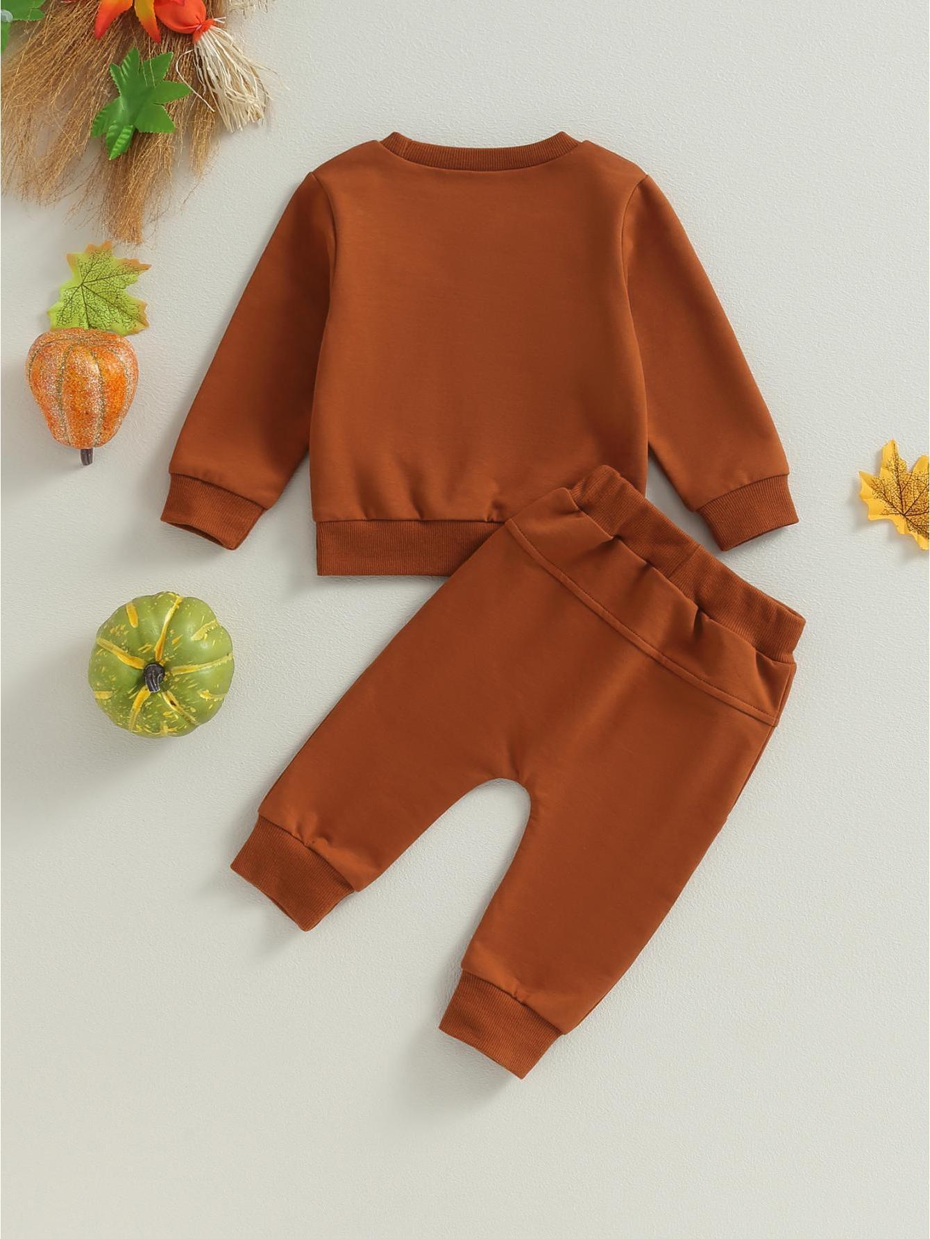 2-Piece Toddler Boys' Fall Outfit Set - Soft Pumpkin Face Print Crew Neck Long Sleeve Sweatshirts and Matching Long Pants - Halloween Themed Clothes for Boys - Comfortable and Adorable Autumn Wear for Daily Life and Special Occasions