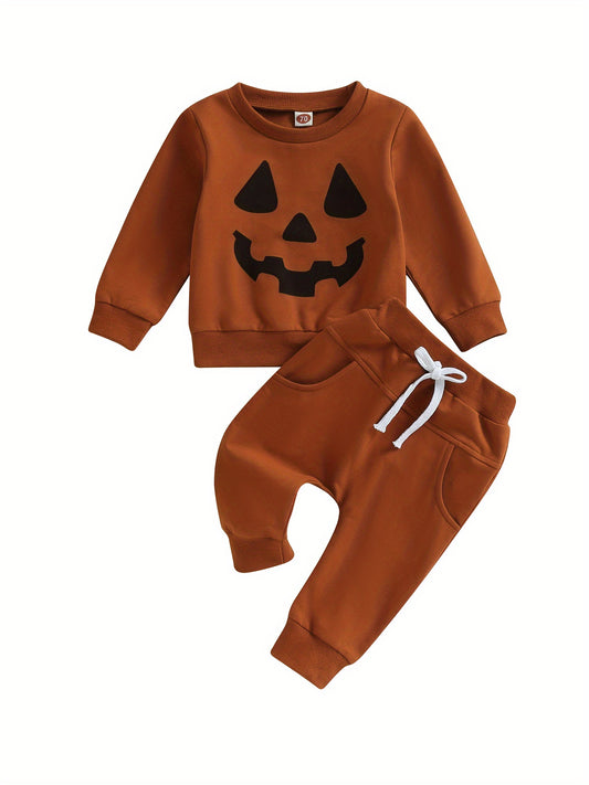 2-Piece Toddler Boys' Fall Outfit Set - Soft Pumpkin Face Print Crew Neck Long Sleeve Sweatshirts and Matching Long Pants - Halloween Themed Clothes for Boys - Comfortable and Adorable Autumn Wear for Daily Life and Special Occasions