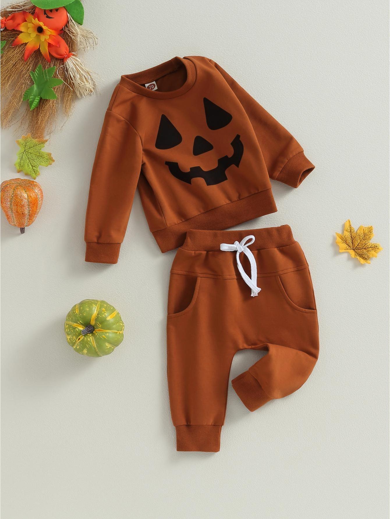 2-Piece Toddler Boys' Fall Outfit Set - Soft Pumpkin Face Print Crew Neck Long Sleeve Sweatshirts and Matching Long Pants - Halloween Themed Clothes for Boys - Comfortable and Adorable Autumn Wear for Daily Life and Special Occasions