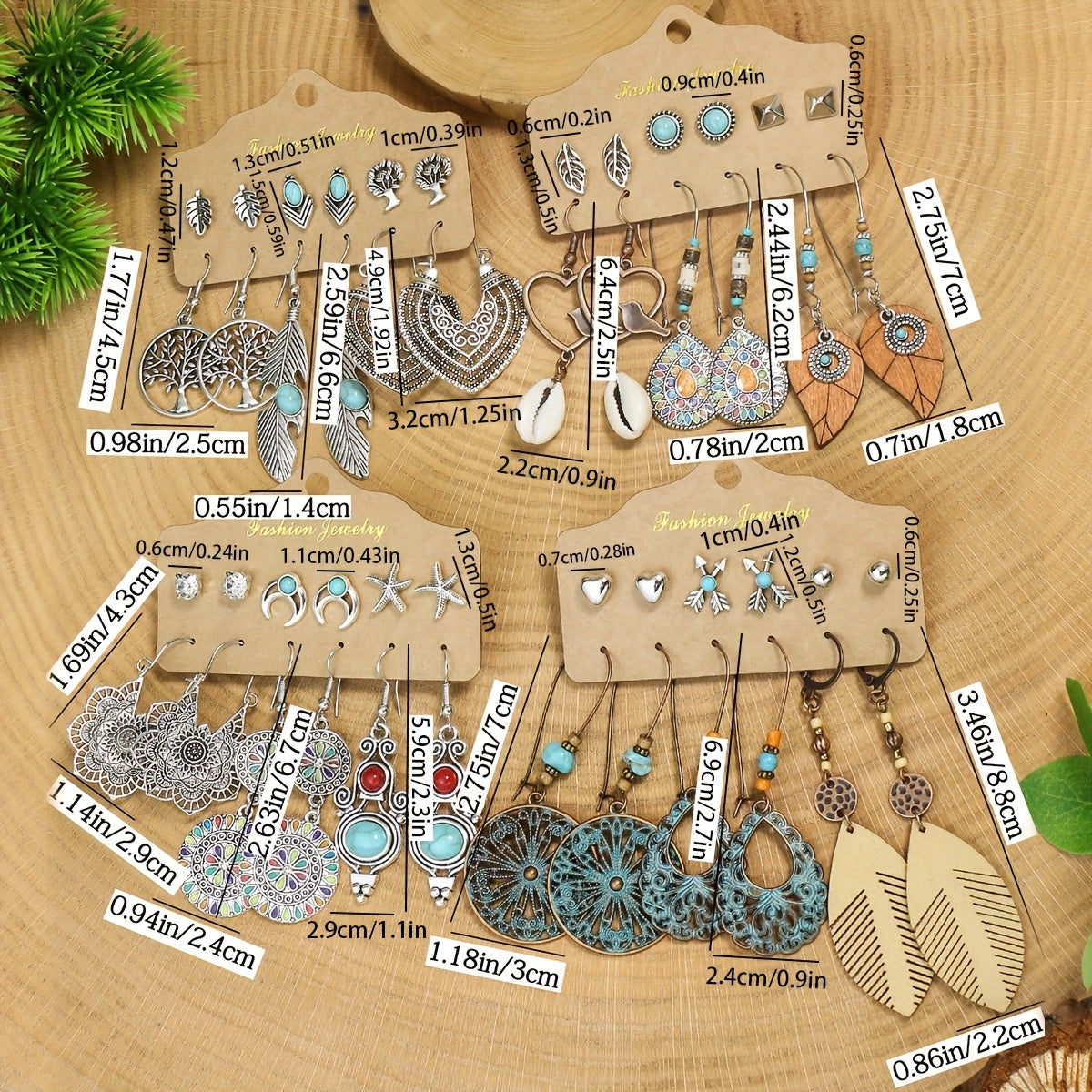 24-Pair Bohemian Earring Set - Turquoise Inlaid Studs & Dangles - Fashion-Forward Design for Holiday Glam