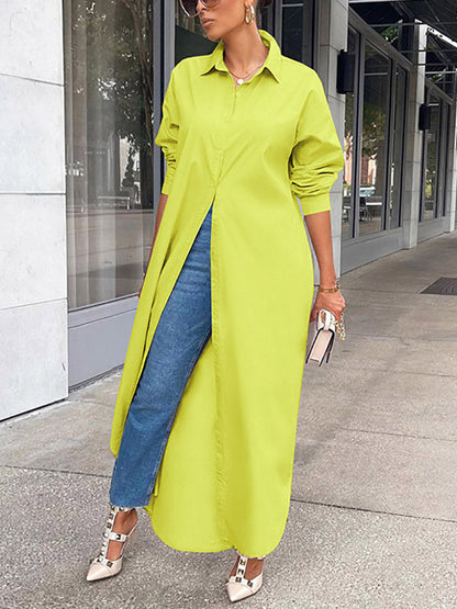 Solid Button Split Shirt Dress