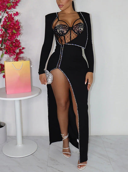 Rhinestone Slit Maxi Dress With Lingerie