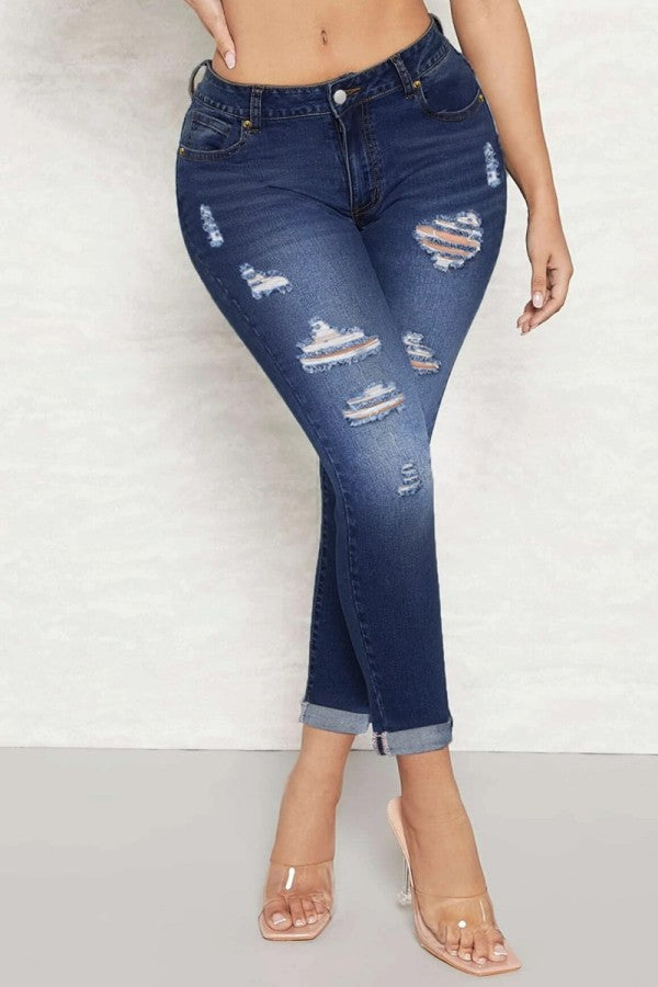 lovwvol  - Deep Blue Casual Solid Ripped High Waist Skinny Denim Jeans