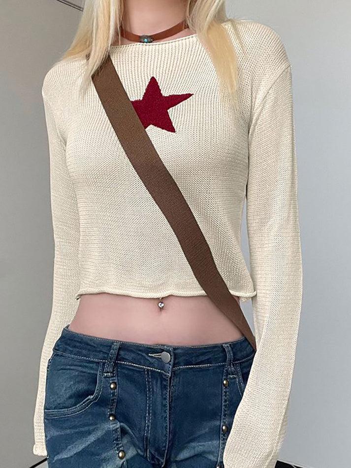 Y2K Star Pattern Boat Neck Pullover Sweater