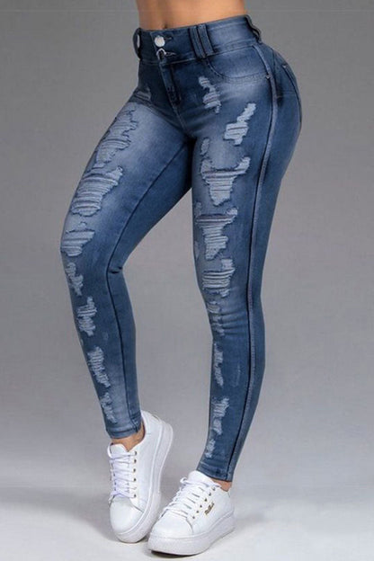 lovwvol  - Dark Blue Fashion Casual Solid Ripped Patchwork High Waist Skinny Denim Jeans