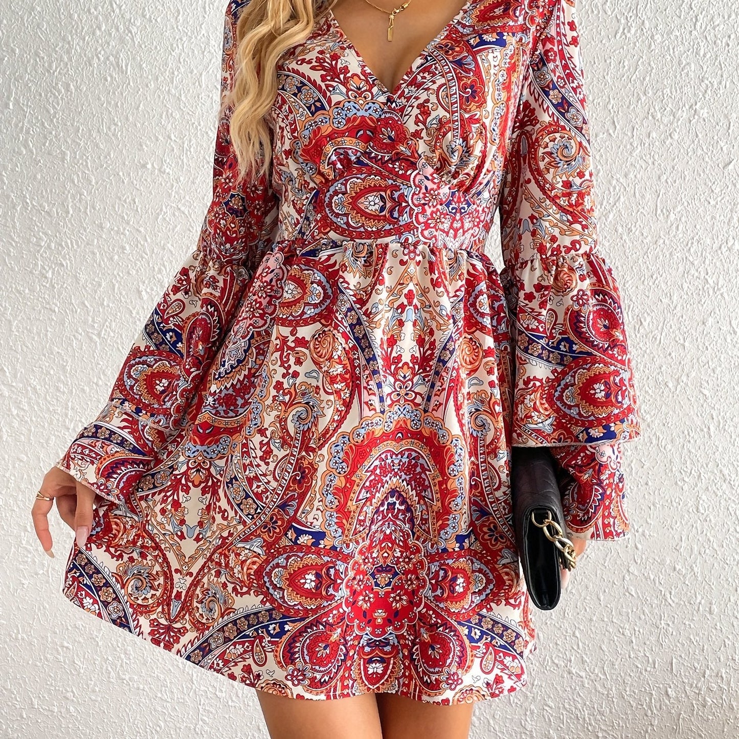 Boho-Inspired All-Season Midi Dress - Unique Floral Paisley, Durable & Easy-Care, Perfect for Every Occasion