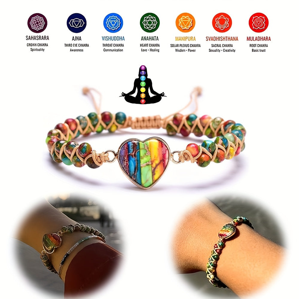 Vibrant Heart-Shaped Chakra Imperial Stone Yoga Meditation Love Wrap Bracelet - Adjustable, Braided, Hand String Design, Perfect for Women's Daily Wear, Meditation, Yoga, and Spiritual Practices