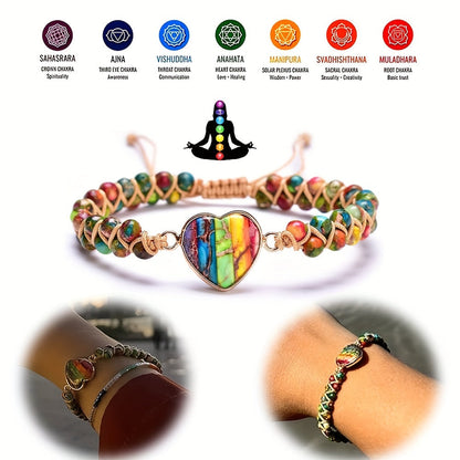 Vibrant Heart-Shaped Chakra Imperial Stone Yoga Meditation Love Wrap Bracelet - Adjustable, Braided, Hand String Design, Perfect for Women's Daily Wear, Meditation, Yoga, and Spiritual Practices