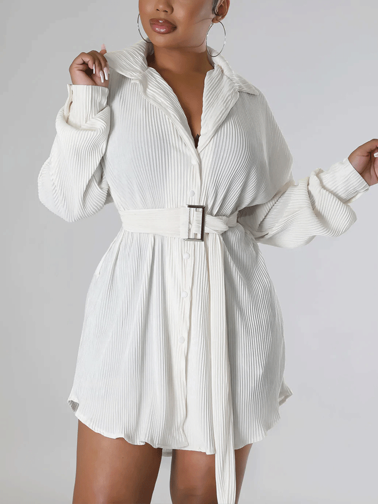 Ruched Long Sleeve Mini Dress With Belt