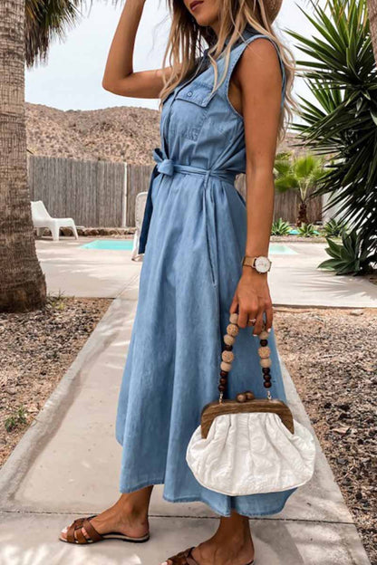 lovwvol Sleeveless Lace-Up Single-Breasted Denim Midi Dress