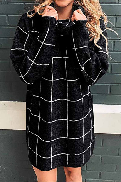 lovwvol High Collar Plaid Loose Mini Dress