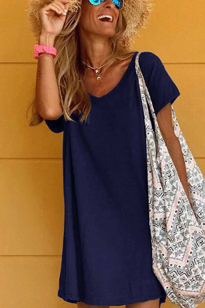 lovwvol Loose Solid Color Short Sleeve V-Neck Mini Dress