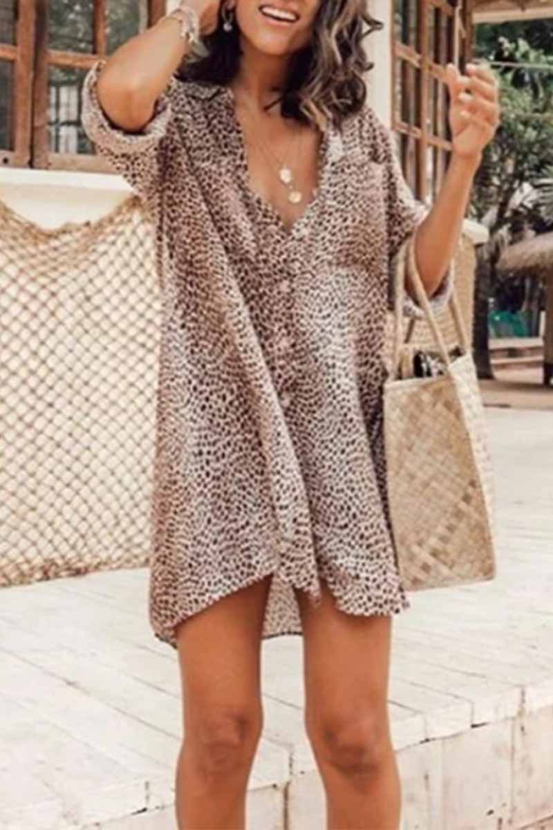 lovwvol Leopard Print Long Sleeve Shirt Mini Dress