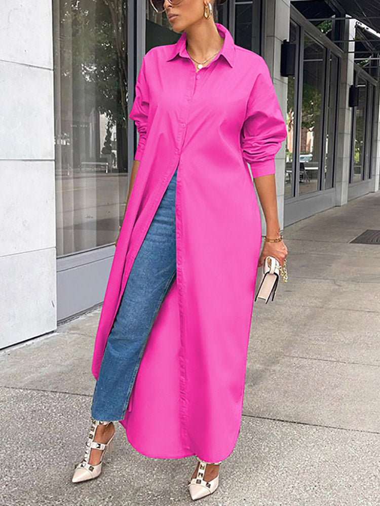 Solid Button Split Shirt Dress