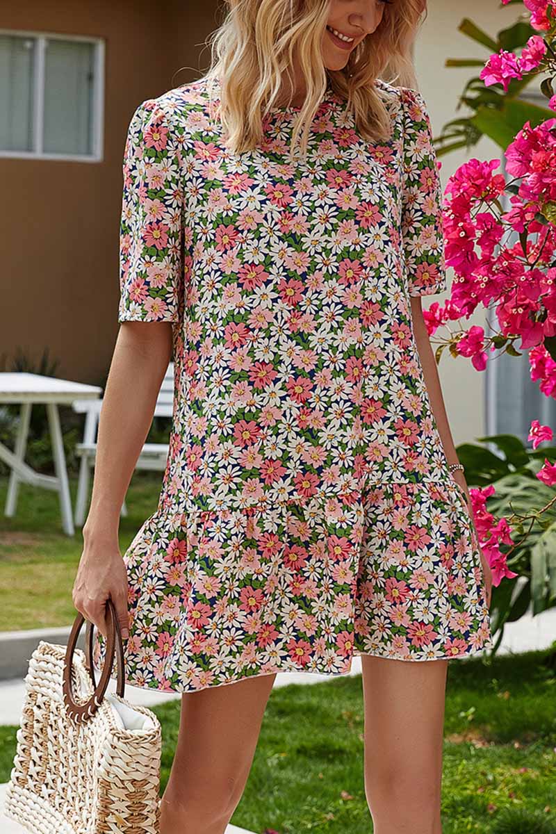 lovwvol Round Neck Ruffled Floral Mini Dress