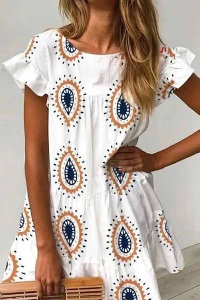 lovwvol Round Neck Print Water Drop Mini Dress