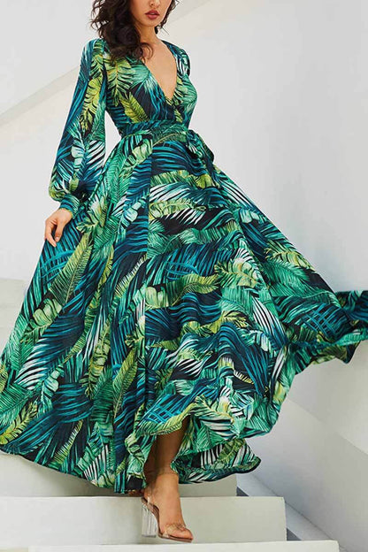 lovwvol V-Neck Leaf Print Maxi Dress