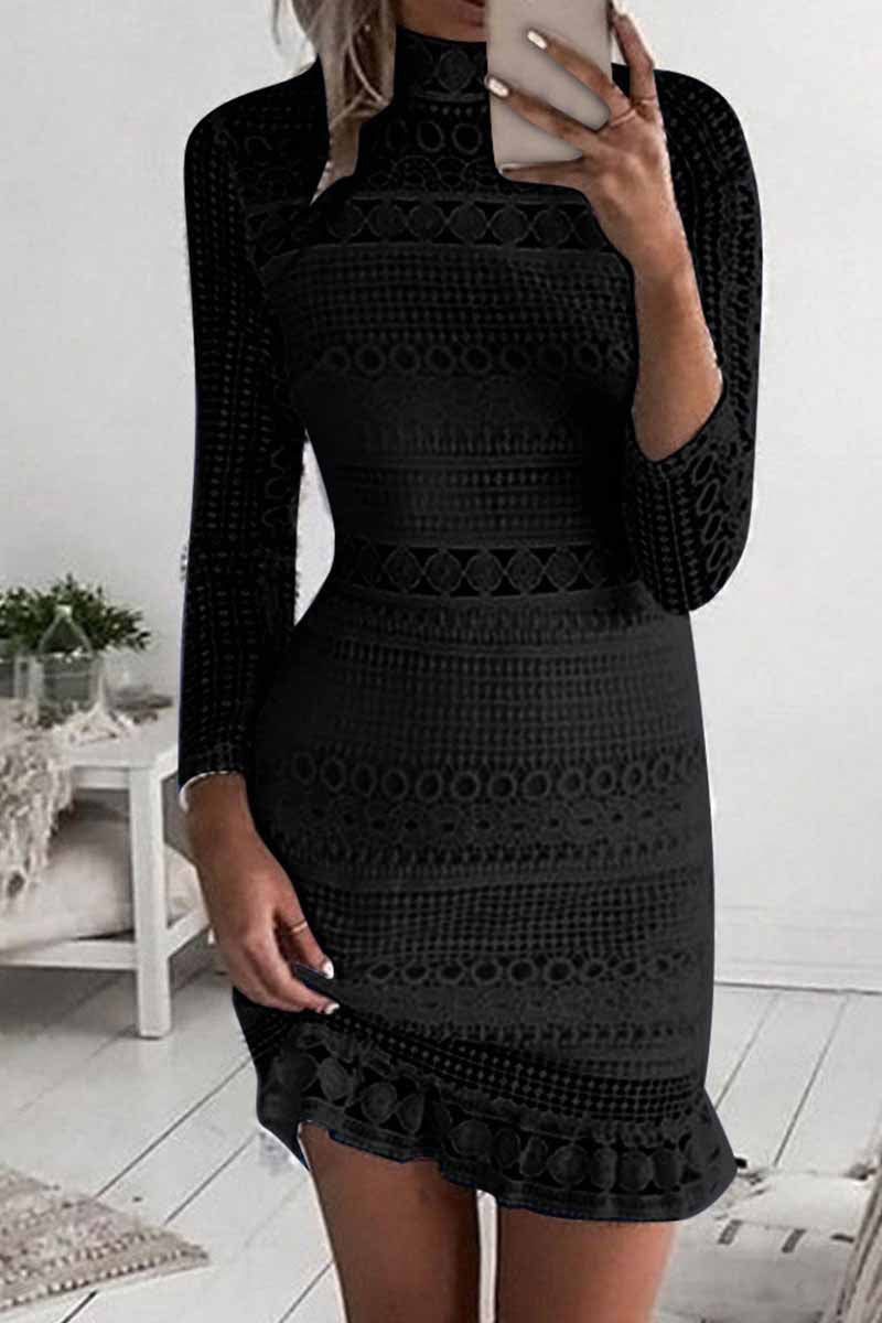 lovwvol Pure Color Sexy Hollow Lace High Collar Mini Dress(3 Colors)