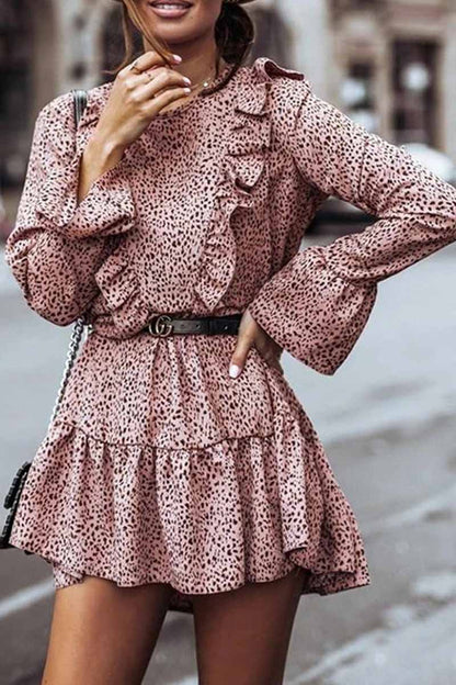 lovwvol Ruffle Print Long Sleeves Mini Dress