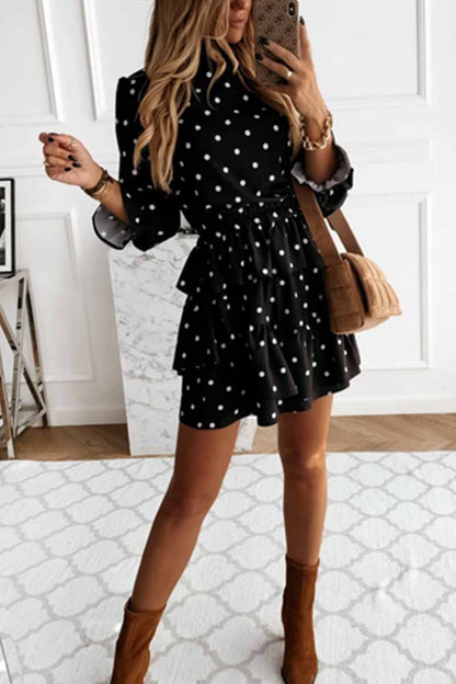 lovwvol Thin Irregular Lotus Leaf Dot Printing Mini Dress