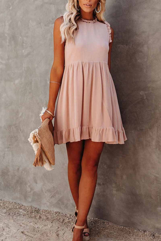 lovwvol Solid Color Ruffled Waist Mini Dress